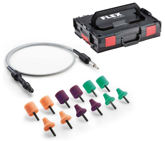 Complete inhoud van de FLEX FS 140 set inclusief polijstpads en L-BOXX